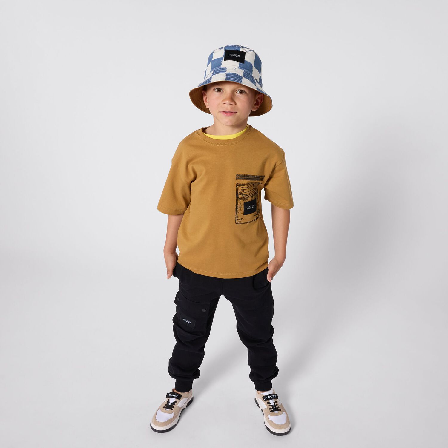 Boys Blue Check & Beige Reversible Hat, 1, hi-res