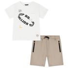 Boys White & Beige Shorts Set, 1, hi-res