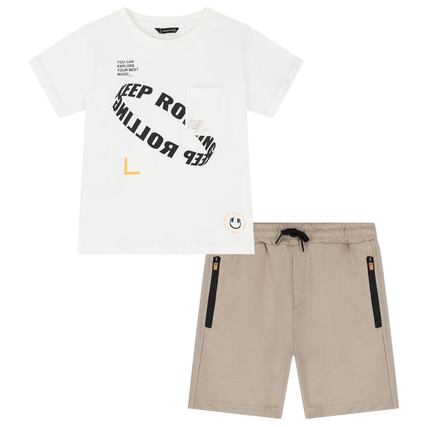 Boys White & Beige Shorts Set, 1, hi-res