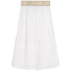 Girls White Pleated Logo Skirt, 1, hi-res