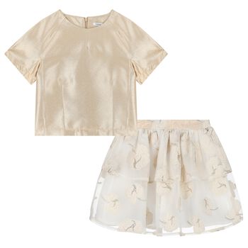 Girls Gold & White Roses Skirt Set