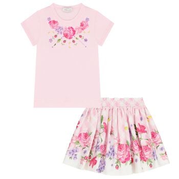 Girls Pink & White Floral Skirt Set