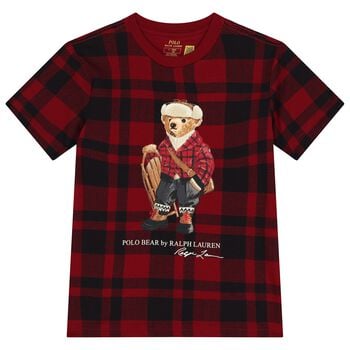 Boys Red & Black Check Polo Bear T-Shirt 