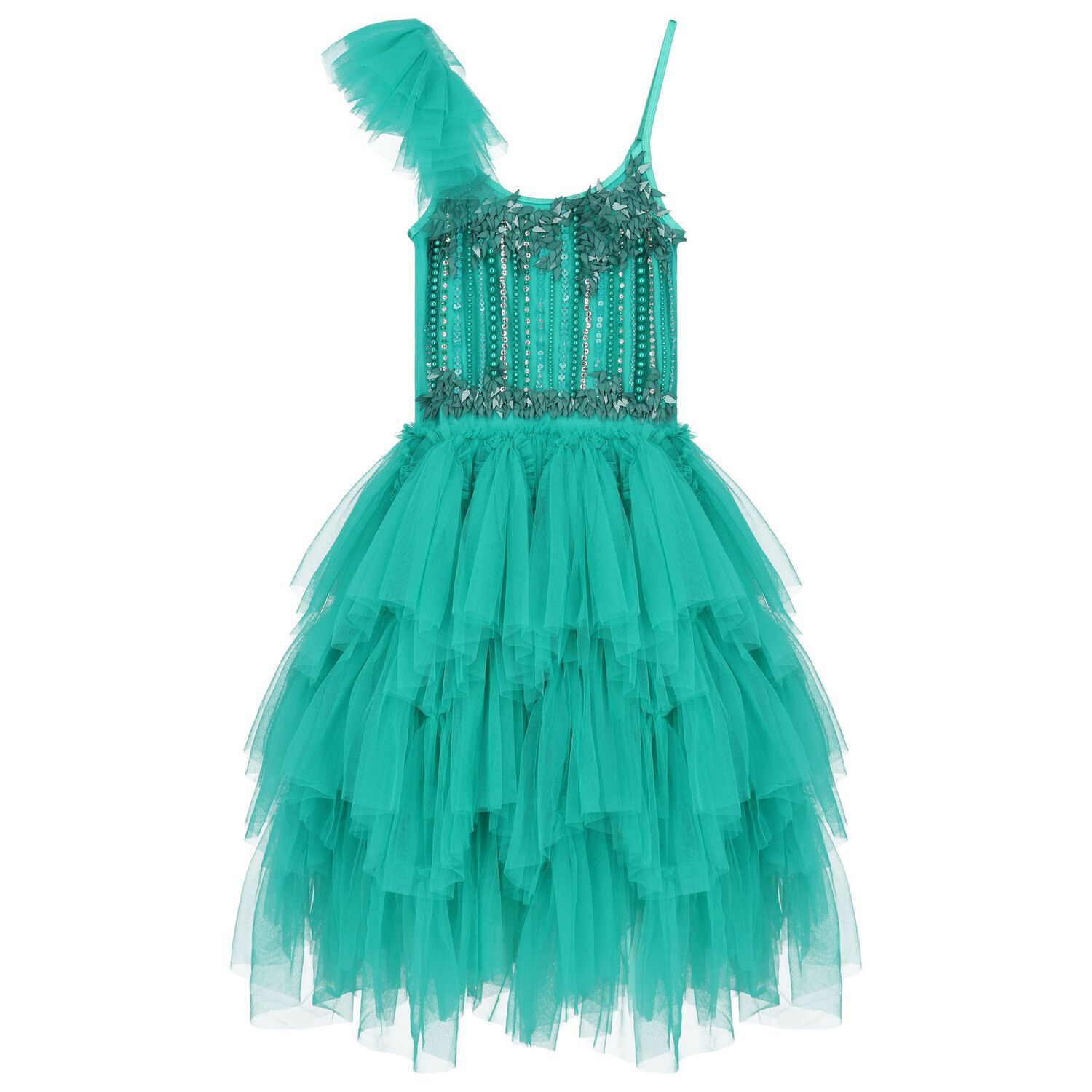Girls Green Ruffled Tulle Dress, 1, hi-res