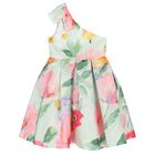 Girls Green Floral Pleated Dress, 1, hi-res