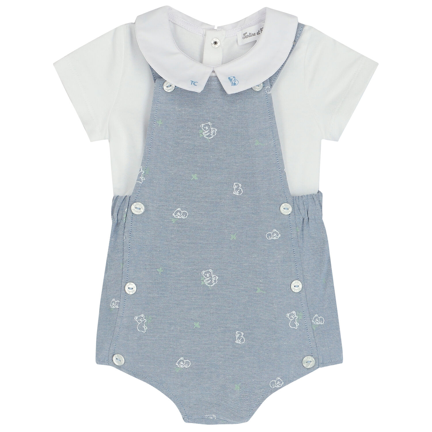 Baby Boys Blue & White Dungaree Set, 1, hi-res
