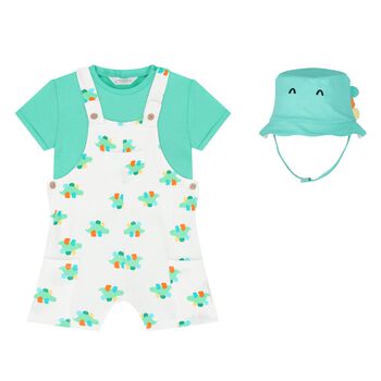 Baby Boys Ivory & Green Dungaree & Hat Set
