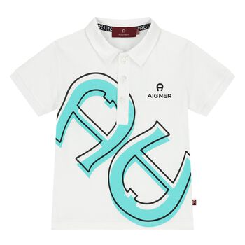Younger Boys White & Aqua Logo Polo Shirt