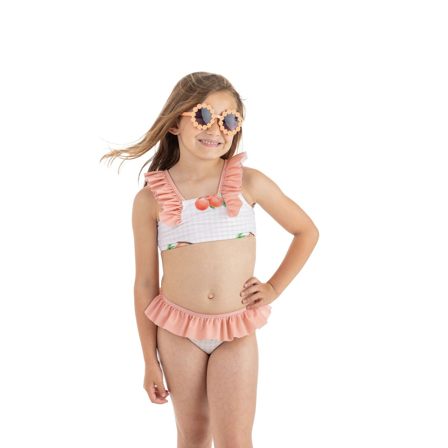 Girls Coral & White Peaches Bikini, 2, hi-res image number null