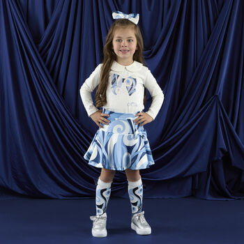 Girls White & Blue Logo Swirl Skirt Set