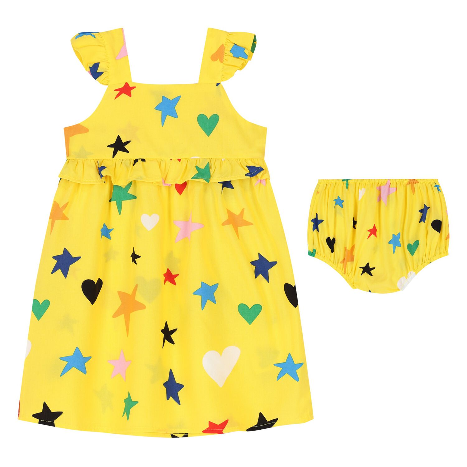 Younger Girls Yellow Cotton Star Print Dress Set, 1, hi-res