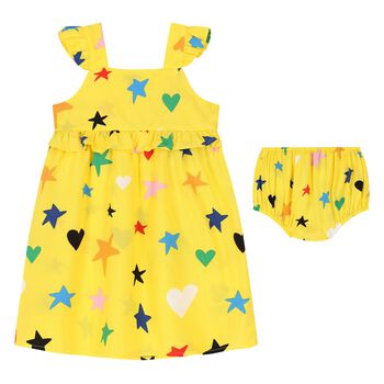 Younger Girls Yellow Cotton Star Print Dress Set