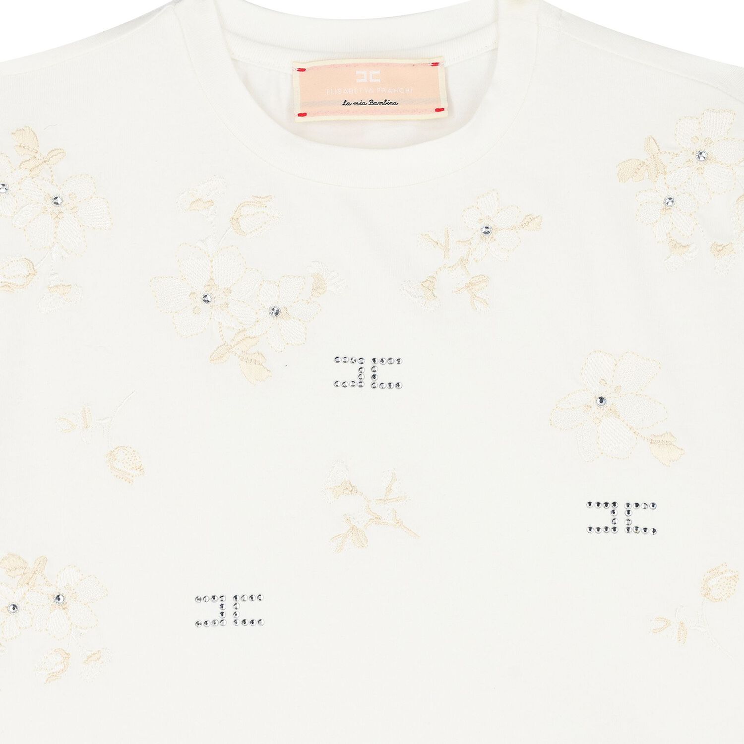 Girls Ivory Embellished Logo T-Shirt, 1, hi-res