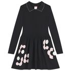 Girls Black Flower Knitted Dress, 1, hi-res