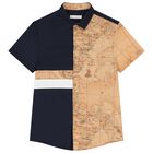 Boys Navy Blue & Beige Geo Map Logo Shorts Set, 1, hi-res
