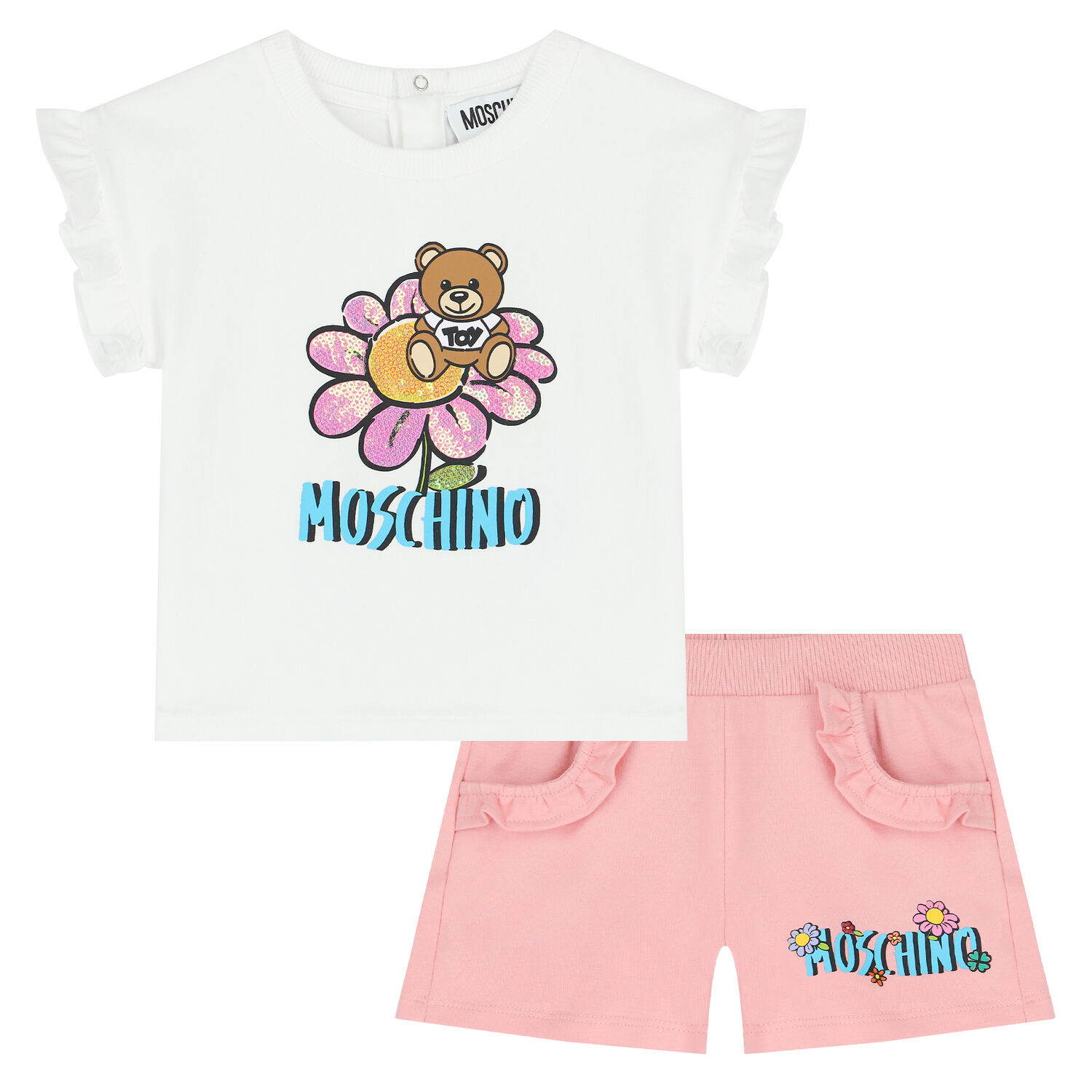 Younger Girls White & Pink Teddy Logo Shorts Set, 1, hi-res