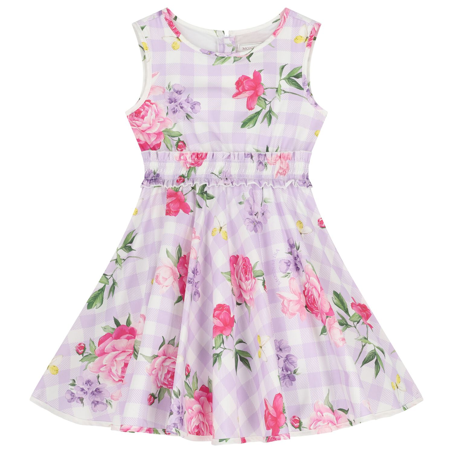 Girls Lilac & White Floral Gingham Dress, 1, hi-res