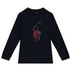 Boys Navy Blue Logo Long Sleeve Top, 1, hi-res