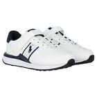 Boys White & Navy Blue Logo Trainers, 1, hi-res