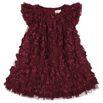 Girls Burgundy 3D Flower & Sequin Ivy Dress