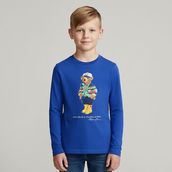 Boys Blue Polo Bear Long Sleeve Top, 1 Boys Blue Polo Bear Long Sleeve Top