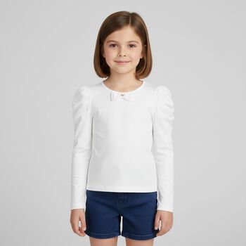 Girls White Bow Long Sleeve Top
