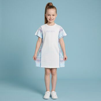 Girls White & Blue Zigzag Dress