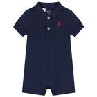 Baby Boys Navy Logo Polo Romper, 1, hi-res