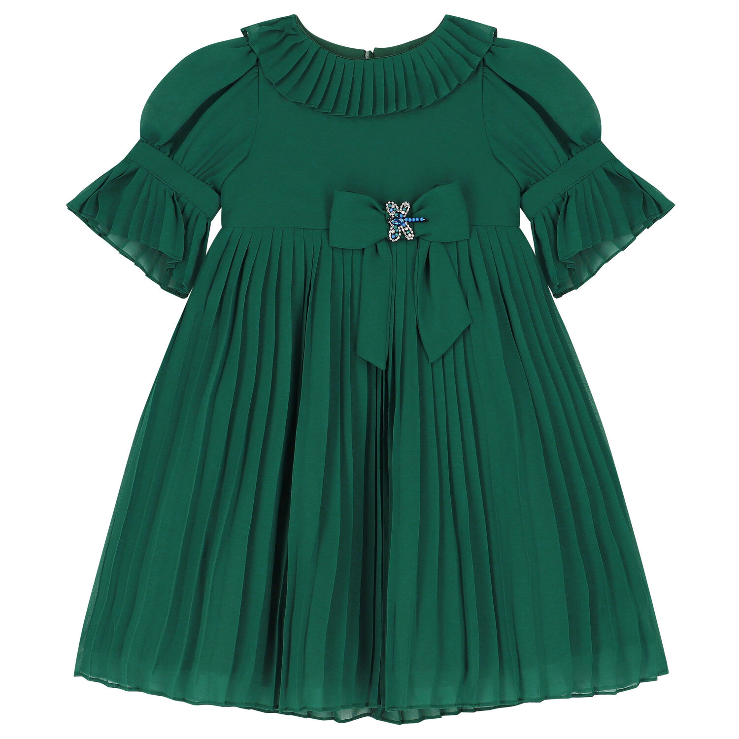 Girls Green Pleated Dress, 1, hi-res