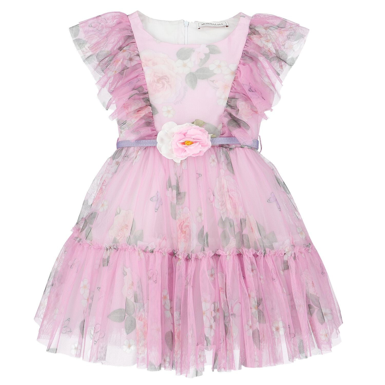 Girls Pink Floral Tulle Dress, 1, hi-res