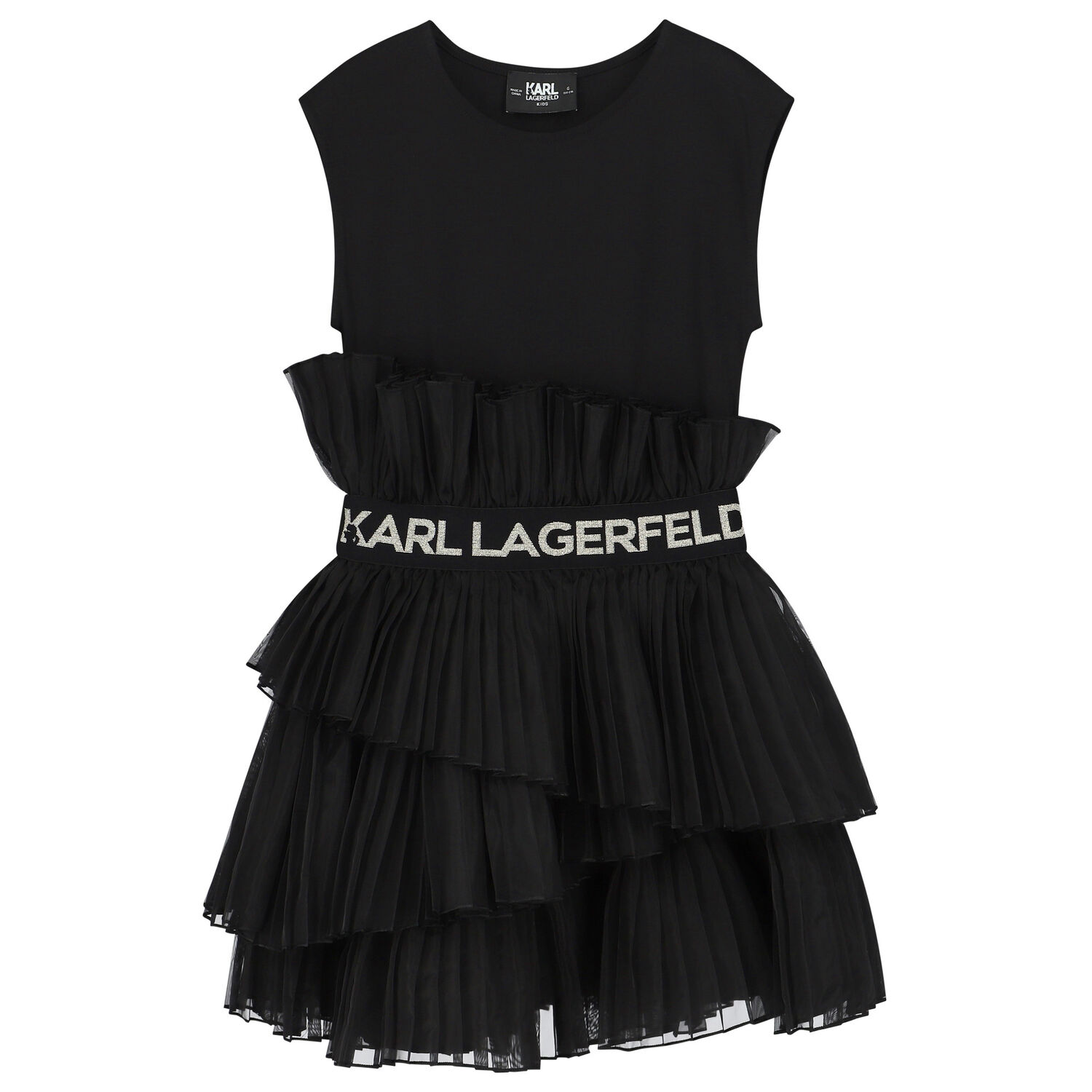 Girls Black Logo Pleated Organza Dress, 1, hi-res