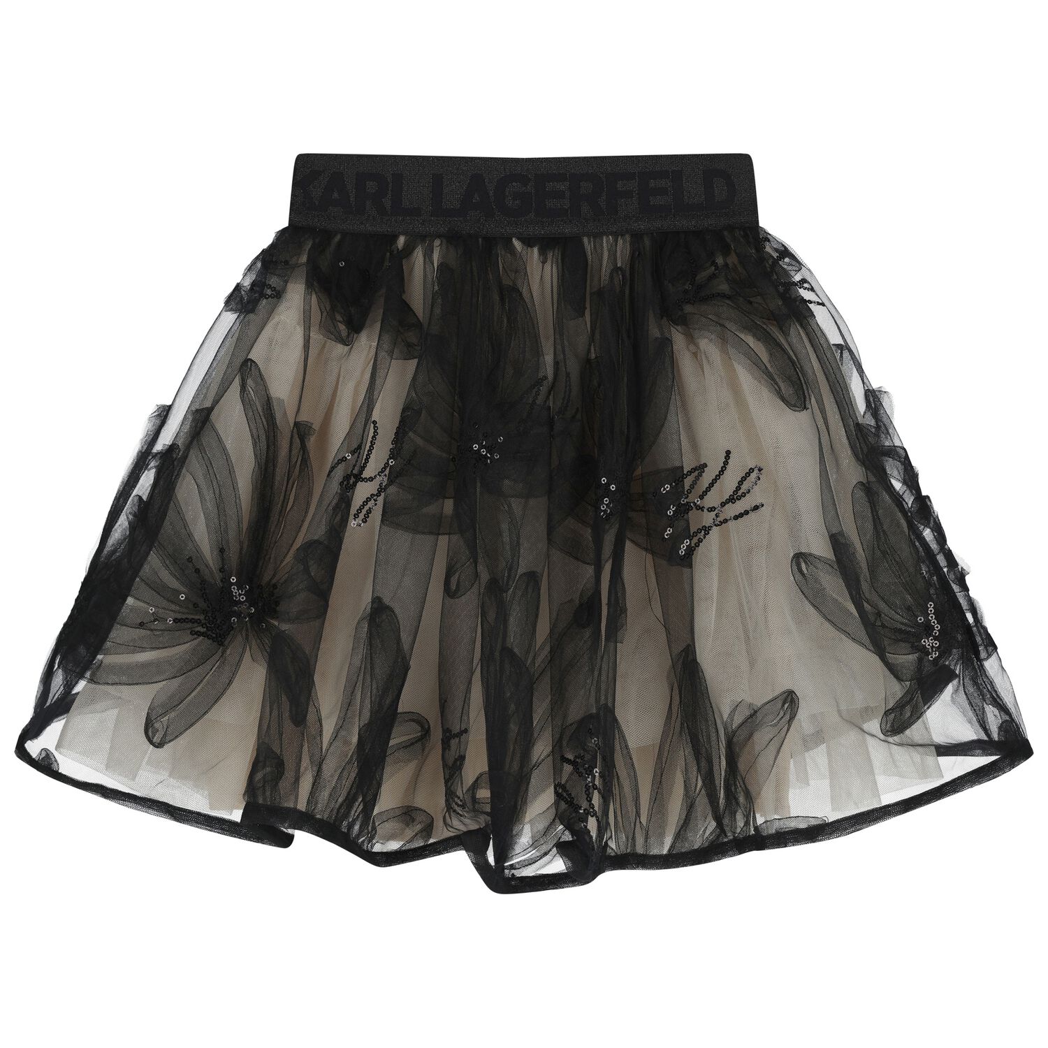 Girls Black & Beige Floral Tulle Skirt, 1, hi-res