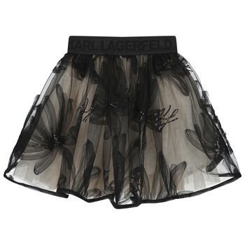 Girls Black & Beige Floral Tulle Skirt