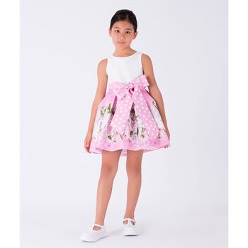 Girls White & Pink Floral Satin Dress