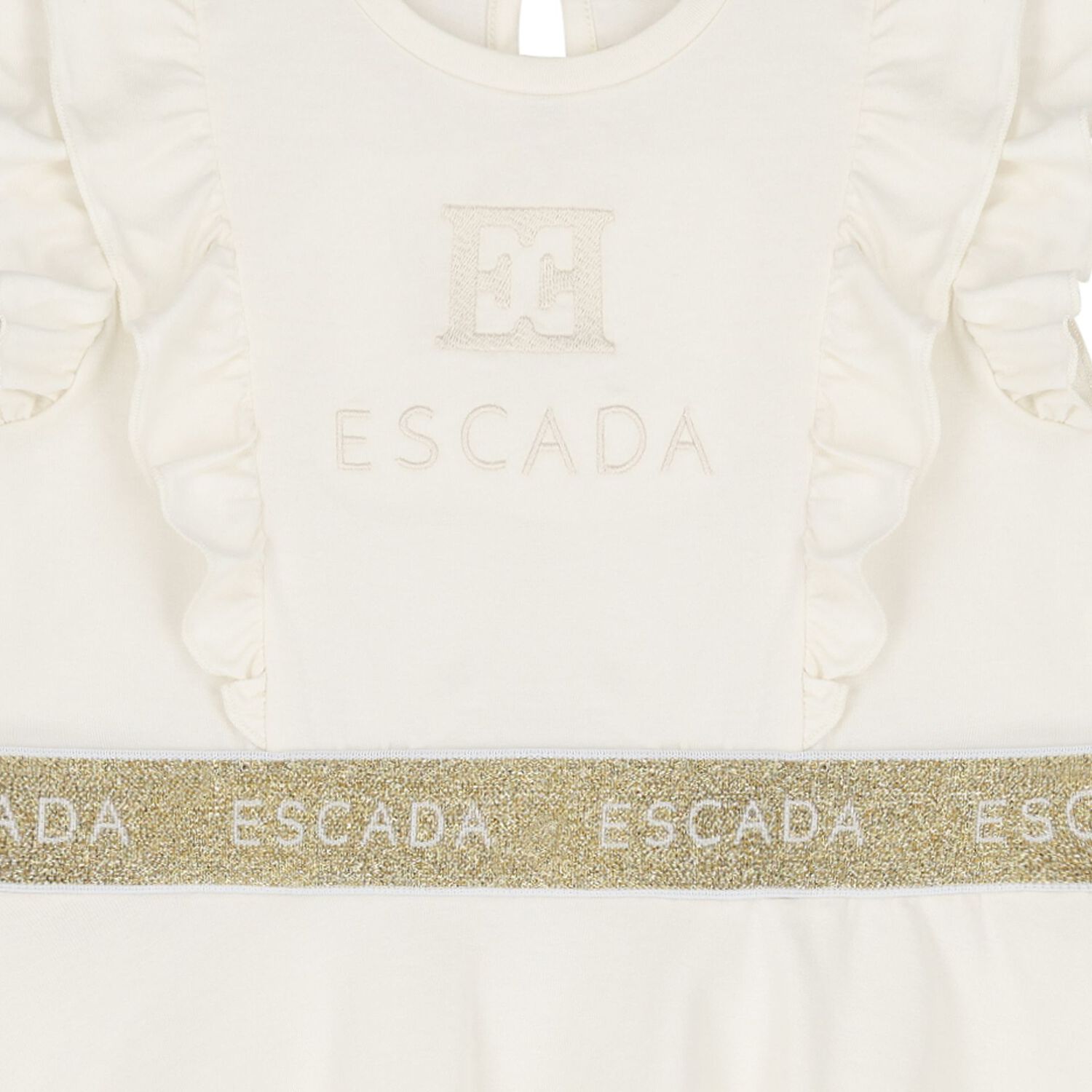 Younger Girls Ivory & Gold Ruffled Logo Dress, 1, hi-res
