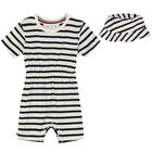 Navy Blue & Ivory Striped Logo Romper & Hat Baby Set, 1, hi-res