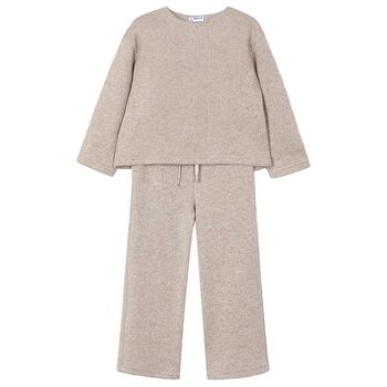 Girls Beige Knitted Trousers Set