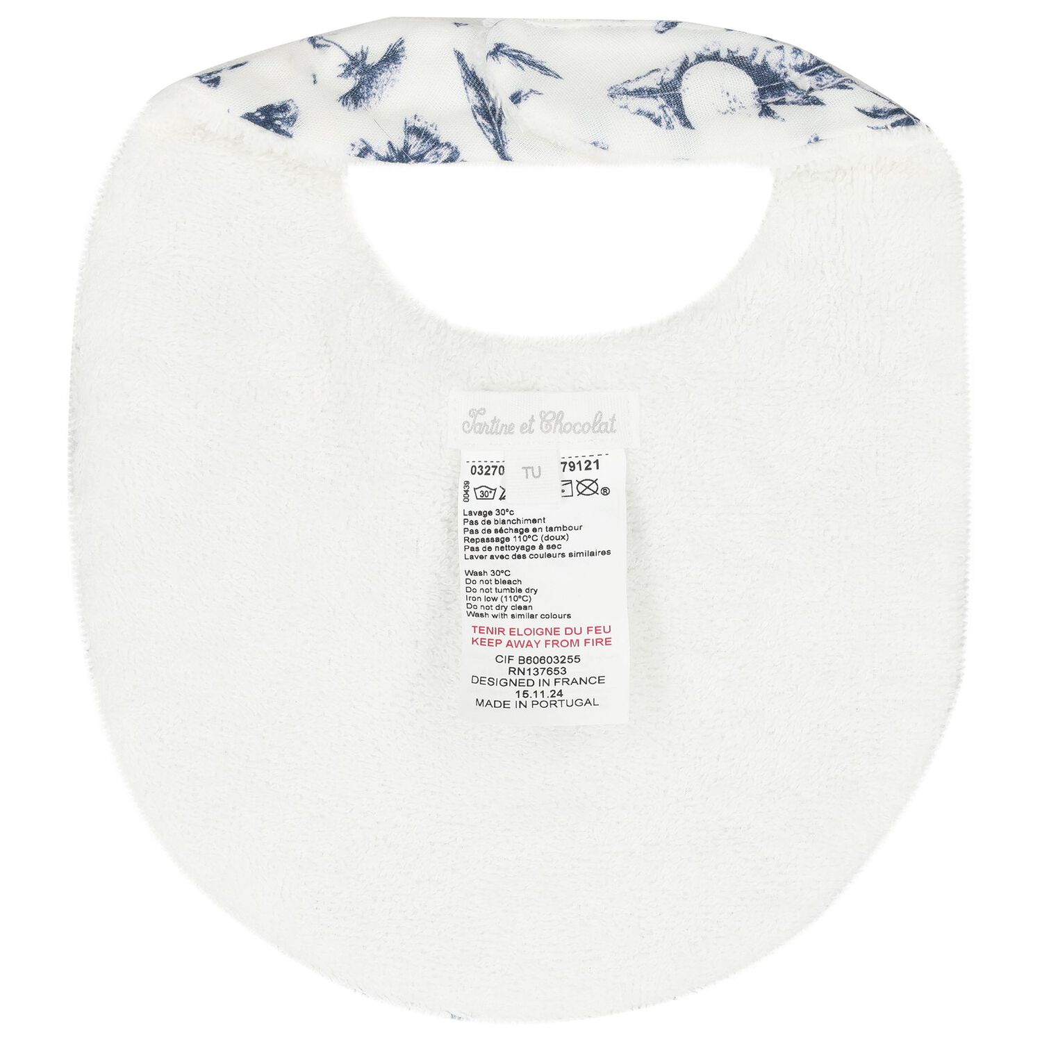 White & Navy Blue Toile De Jouy Baby Bib, 1, hi-res image number null