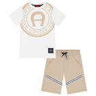 Boys White & Beige Logo Shorts Set, 1, hi-res