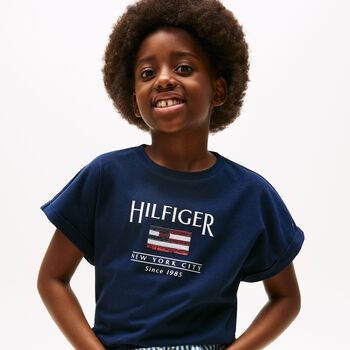 Girls Navy Cotton Sequin Flag T-Shirt