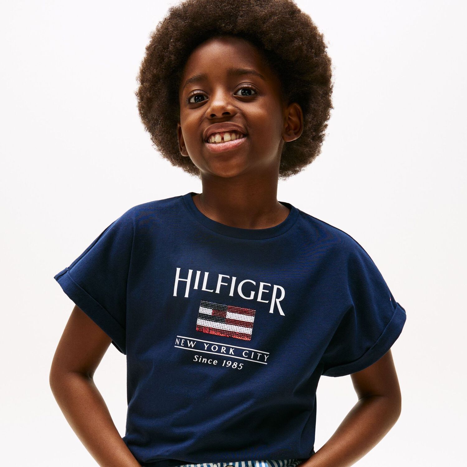 Girls Navy Cotton Sequin Flag T-Shirt, 1, hi-res image number null