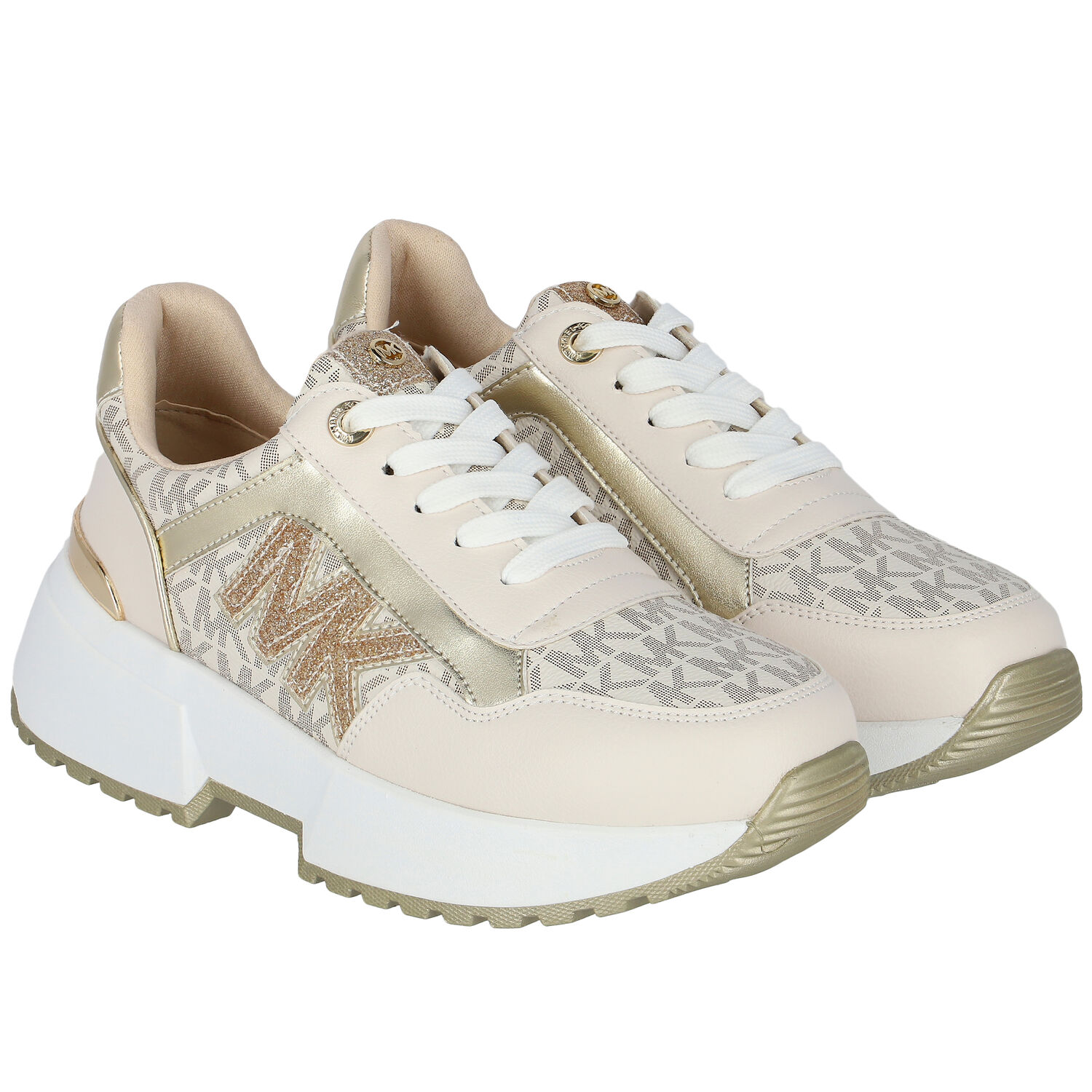 Girls Ivory & Gold Logo Trainers, 1, hi-res