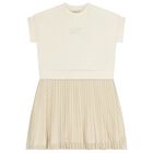Girls Beige Logo Pleated Dress, 1, hi-res
