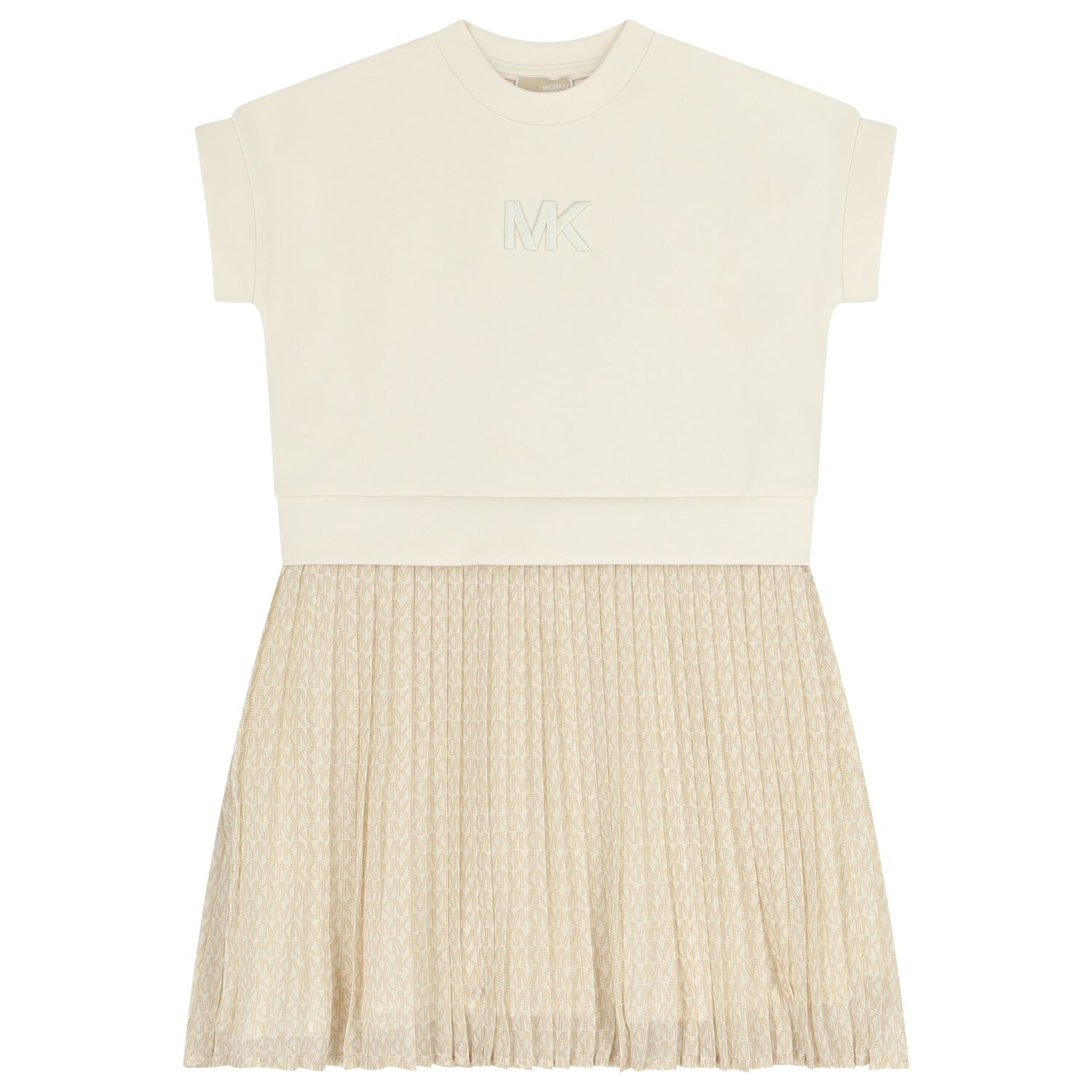 Girls Beige Logo Pleated Dress, 1, hi-res