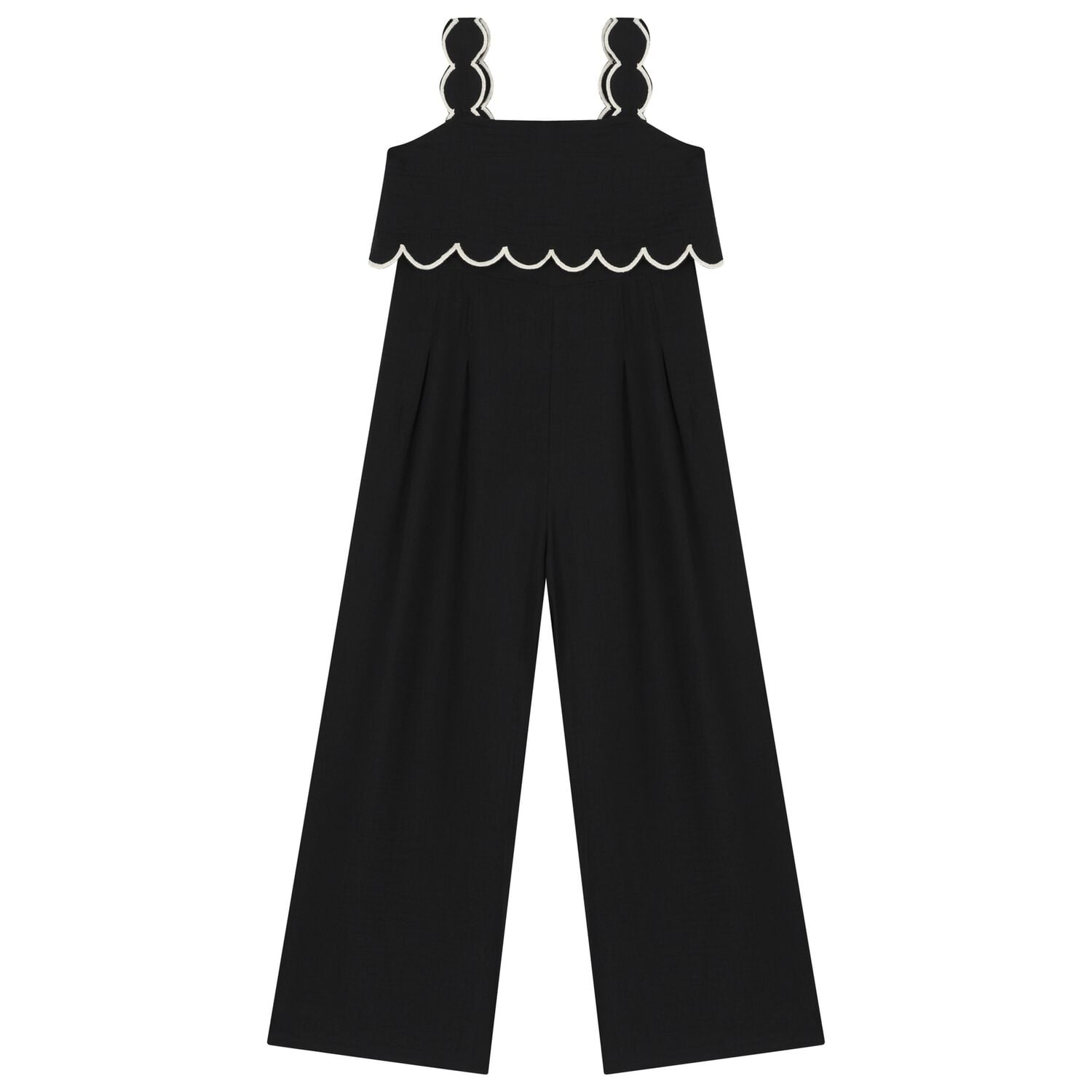 Girls Black Scalloped Wide Leg Trousers Set, 1, hi-res