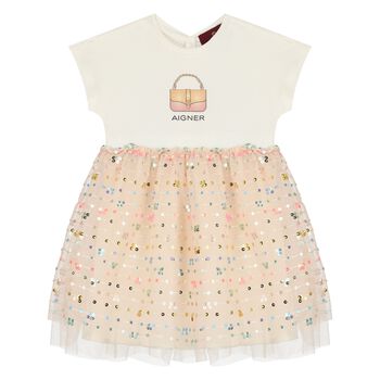 Younger Girls Ivory & Pink Logo Dress