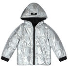 Girls Silver & Black Logo Reversible Puffer Jacket, 1, hi-res