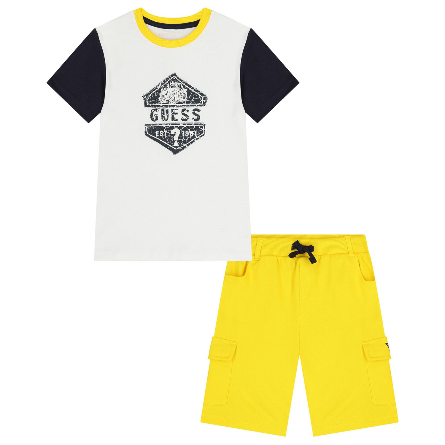 Boys White & Yellow Logo Shorts Set, 1, hi-res