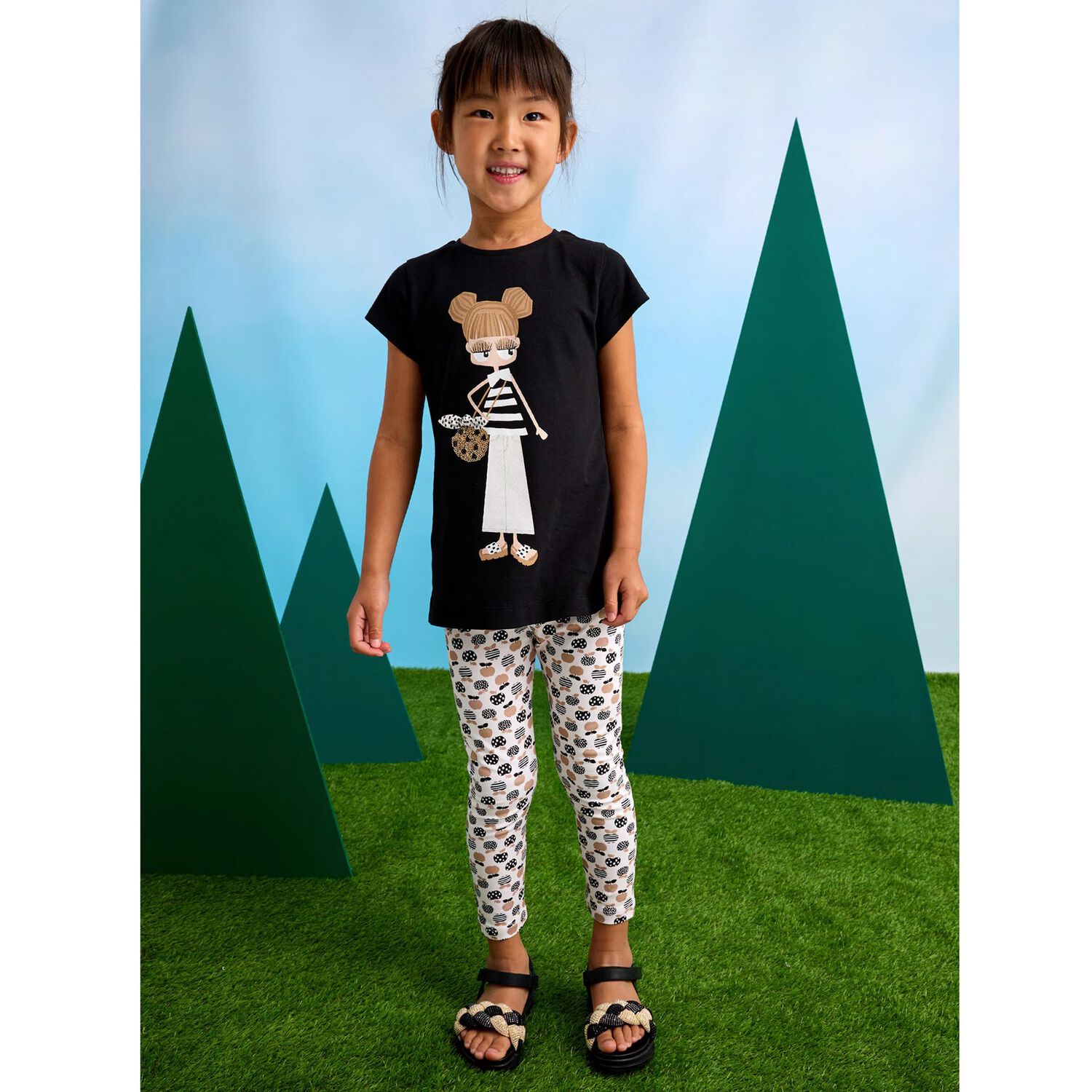 Girls Black & Beige Cotton Printed Leggings Set, 2, hi-res