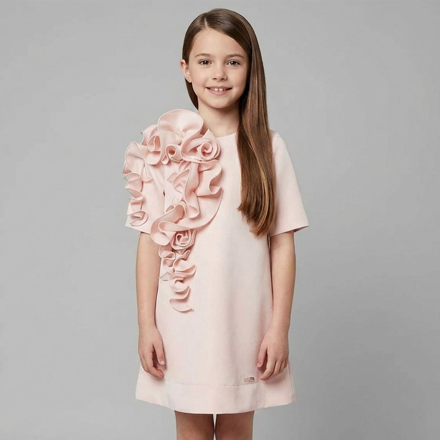 Girls Pink Ruffled Satin Dress, 1, hi-res